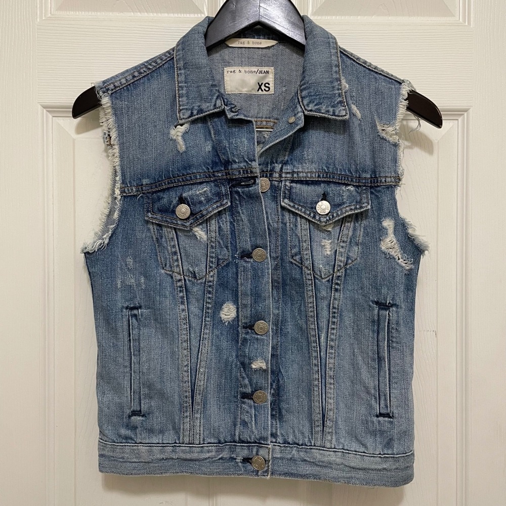 Rag & Bone Jean Denim Vest Tattered Distressed Light Wash XS USA Made Grunge